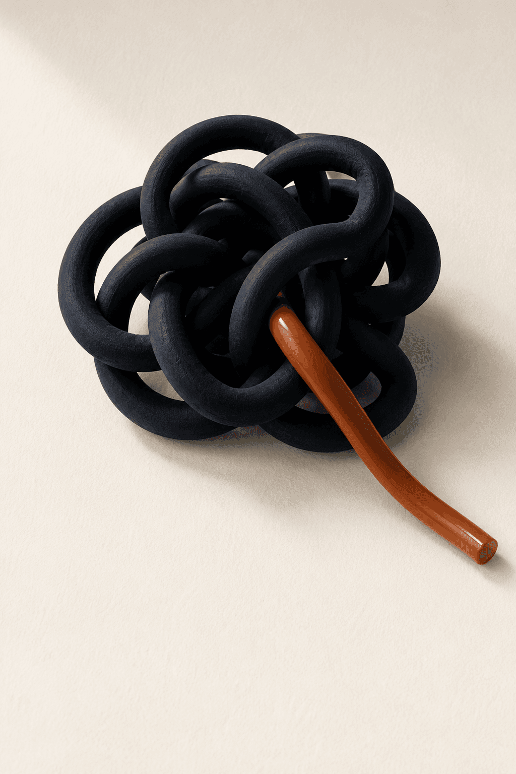 Knotted dark clay cords with a single ember strand pulling free